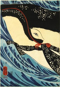 Kleuren houtsnede drieluik, de grote zwaardvechter Miyamoto Musashi valt een gigantische walvis aan voor de kust van de provincie Hizen