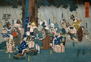Komische dieren schuilen voor de regen door Utagawa Kuniyoshi