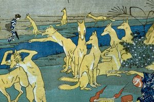 Komische vossen oefenen vormverandering (Dōke kitsume henge no keiko), ca. 1842 door Utagawa Kuniyoshi