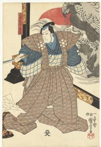 Drie acteurs bij een kamerscherm door Utagawa Kuniyoshi