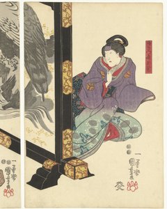 Drie acteurs bij een kamerscherm door Utagawa Kuniyoshi