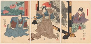 Drie acteurs bij een kamerscherm door Utagawa Kuniyoshi