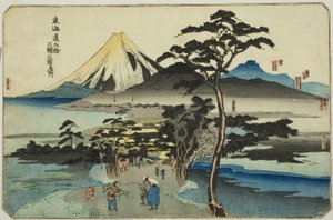 Hara, Yoshiwara, en Kanbara, uit de serie "Beroemde Plaatsen op de Drieënvijftig Stations van de Tokaido, Drie Stations (Tokaido gojusan eki sanshuku meisho)" door Utagawa Kuniyoshi