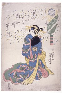 Knielende vrouw in blauwe jurk door Utagawa Kuniyoshi
