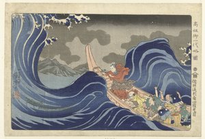 Nichiren bezweert de golven bij Kakuda tijdens zijn verbanning naar Sado door Utagawa Kuniyoshi