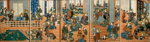 Bovenaanzicht van de bovenverdieping van Kado-Ebiya door Utagawa Kuniyoshi