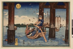 Pelgrimsmarkeringen die in de zee fladderen onder de brug bij Tsukuda-eiland, uit de serie Beroemde uitzichten van de Oostelijke Hoofdstad door Utagawa Kuniyoshi