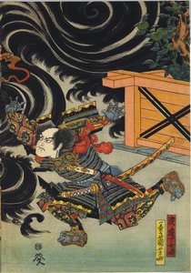 Blad uit een kleuren houtsnede drieluik, Minamoto no Yorimasa, geholpen door Ii Hayata en Watanabe Choshichi, schiet de nue neer van het dak van het paleis van keizer Konoe