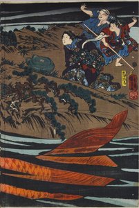 Blad uit een kleurenhoutsnede drieluik, met Oniwaka-maru (de toekomstige Musashibo Benkei) die op het punt staat de reuzenkarper aan te vallen die zijn moeder heeft verslonden: Japan, Edo, door Utagawa Kuniyoshi, ca. 1845 door Utagawa Kuniyoshi