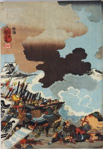 Blad uit een kleur houtblok drieluik print, getiteld Eiroku yonnen kugatsu yokka Kawanakajima kassen ni Yamamoto Kansuke nyūdō no uchijini no zu