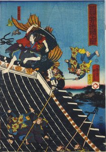 Blad uit een kleurenhoutsnede drieluik, getiteld Horyukaku sho no zu, een scène uit de Hakkenden van Takiwzawa Bakin met een gevecht op het tempeldak tussen Inuzuka Shino door Utagawa Kuniyoshi