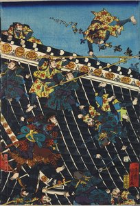 Blad uit een kleuren houtsnede drieluik, getiteld Hōryukaku shō no zu, een scène uit de Hakkenden van Takizawa Bakin, een gevecht op het tempeldak tussen Inuzuka Shino (rechts) en de politie onder Inukai Kempachi door Utagawa Kuniyoshi