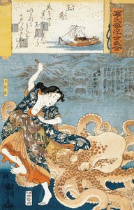 Tamatori (vrouwelijke ama-duiker), aangevallen door octopus terwijl ze heilige juweel grijpt door Utagawa Kuniyoshi