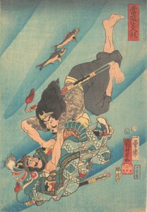 Tanmeijiro Genshogo vecht onder water door Utagawa Kuniyoshi