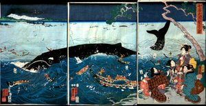 De bloei van zeven kusten met grote vissen (Nana ura tairyō hanjō no zu) door Utagawa Kuniyoshi