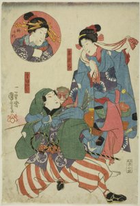 De acteurs Bando Shuka I als theeblaadjesplukker (Chatsumi), Ichimura Uzaemon XII als aaptrainer (Sarumawashi), en Onoe Kikugoro II als Umegae (inzet)