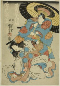 De acteurs Ichimura Uzaemon XII als Tada Kurodo Yukitsuna en Bando Shuka als de geest van Naruto no Mae door Utagawa Kuniyoshi