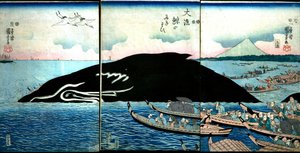 Massa mensen rond een gevangen walvis door Utagawa Kuniyoshi