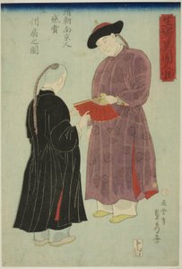 Chinese Man uit Nanking Bewondert een Waaier (Shincho Nankinjin kansho Koshu ogi no zu), uit de serie "Buitenlanders Naar het Leven Getekend (Ikiutsushi ikoku jinbutsu)" door Utagawa Sadahide