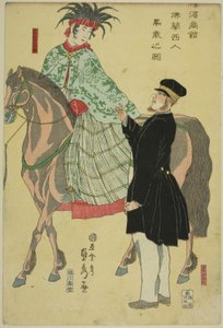 Kooplieden van Yokohama: Franse Vrouw te Paard (Yokohama shokan, Furansujin umanori no zu)