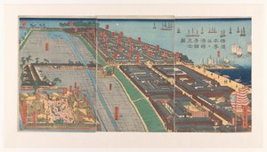 Overzicht van de wijk Honcho en het Miyozaki kwartier in Yokohama door Utagawa Sadahide