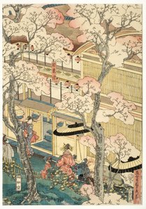 Ware weergave van de plezierhuizen van Miyosaki bij de nieuwe haven, Yokohama, Kanagawa, 1860