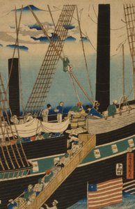 Westerse handelaren laden vracht in Yokohama, 1861 door Utagawa Sadahide