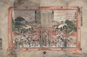 Mensen gaan een grote tempel binnen. Buiten staan handelskraampjes. Prent van een schilderij in een lijst met voeten, c1770. Utagawa Toyoharu (1735-1814) Japanse Ukiyo-e kunstenaar. Menigte Religie Aanbidding