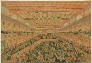Perspectiefbeeld van een Kabuki-theater (Uki-e Kabuki shibai no zu) door Utagawa Toyoharu