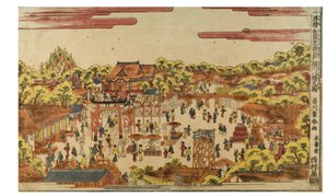 Perspectiefbeeld van het Hachiman-heiligdom bij de Fukagawa-rivier door Utagawa Toyoharu