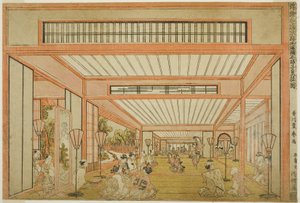 Zichten van ontvangstruimtes in Japan - Vermaak op de dag van de rat in moderne stijl, ca. 1771-76