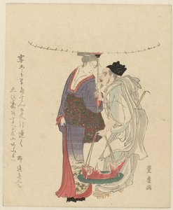 De geluksgod Ebisu met een vrouw door Utagawa Toyohiro