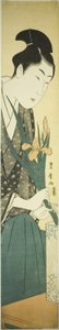 Jonge man die irissen in een vaas schikt door Utagawa Toyohiro