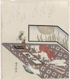 Haas die een nieuwjaarswens voor het jaar van de Haas (1819) kalligrafeert door Utagawa Toyokuni (I)