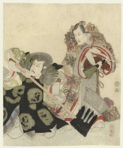 Ichikawa Danjûrô VII als Yoshimune no Munesada met waaier en Ichikawa Omezô in de rol van Sekibei met bijl door Utagawa Toyokuni (I)