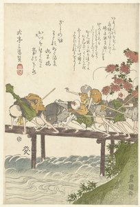Zes blinde masseurs op een brug door Utagawa Toyokuni (I)