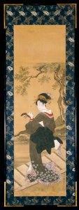 Een portret van een vrouw die haar shamisen stemt op een veranda door Utagawa Toyokuni