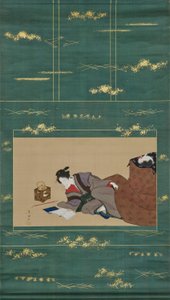 Vrouw die zich warmt aan een "kotatsu" door Utagawa Toyokuni