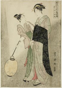 Verkering Komachi (Kayoi Komachi), uit de serie Zeven Modieuze Figuren van Ono no Komachi (Furyu nana Komachi yatushi sugata-e) door Utagawa Toyokuni I