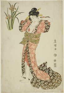 Irissen: schoonheid die haar haar arrangeert, uit een ongetitelde serie schoonheden en bloemen door Utagawa Toyokuni I