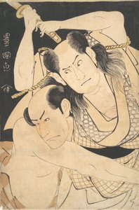 De Acteurs Sawamura Sojuro III met Zwaard Omhoog, en Arashi Shichigoro III als Gevecht..., ca. 1798