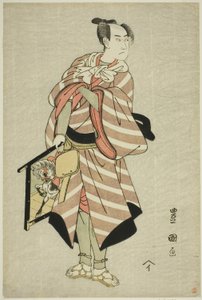De acteur Sawamura Sojuro III als de pakpaard-man Muchizo in het stuk "Miyamairi Musubi no Kamigaki," uitgevoerd in het Kiri Theater in de elfde maand, 1797 door Utagawa Toyokuni I