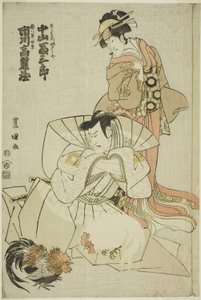 De acteurs Ichikawa Komazo III als Akuhachiro Tokikage en Nakayama Tomisaburo I als Yushide, de zus van Rokurozaemon, in het stuk "Hana to Mimasu Yoshino no Miyuki," uitgevoerd in het Nakamura Theater in de elfde maand, 1798 door Utagawa Toyokuni I