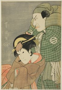 De acteurs Kataoka Nizaemon VII als Iyo no Taro en Iwai Hanshiro IV als Kojoro-gitsune van Okazaki in het stuk "Seiwa Nidai Oyose Genji," uitgevoerd in het Miyako Theater in de elfde maand, 1796