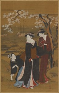 Drie vrouwen onder een bloeiende kersenboom aan de kust door Utagawa Toyokuni I