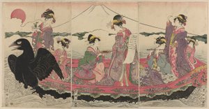 Vrouwen op een Boot tijdens Nieuwjaar die de Zeven Goden van Geluk Nabootsen door Utagawa Toyokuni I