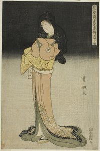 Yamatoya Iwai Hanshiro IV als Kikusui in het stuk "Matsuwa Misao Onna Kusunoki," uit de serie "Portretten van acteurs op het podium (Yakusha butai no sugata-e)" door Utagawa Toyokuni I