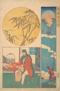 Amerikaanse ballon, Amerikaan speelt cello, bamboe, 10e maand, 1861 door Utagawa Yoshiiku