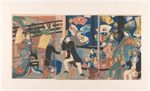 Buitenlanders tijdens een drinkgelag in het Gankiro theehuis door Utagawa Yoshiiku