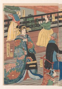Buitenlanders tijdens een drinkgelag in het Gankiro theehuis door Utagawa Yoshiiku